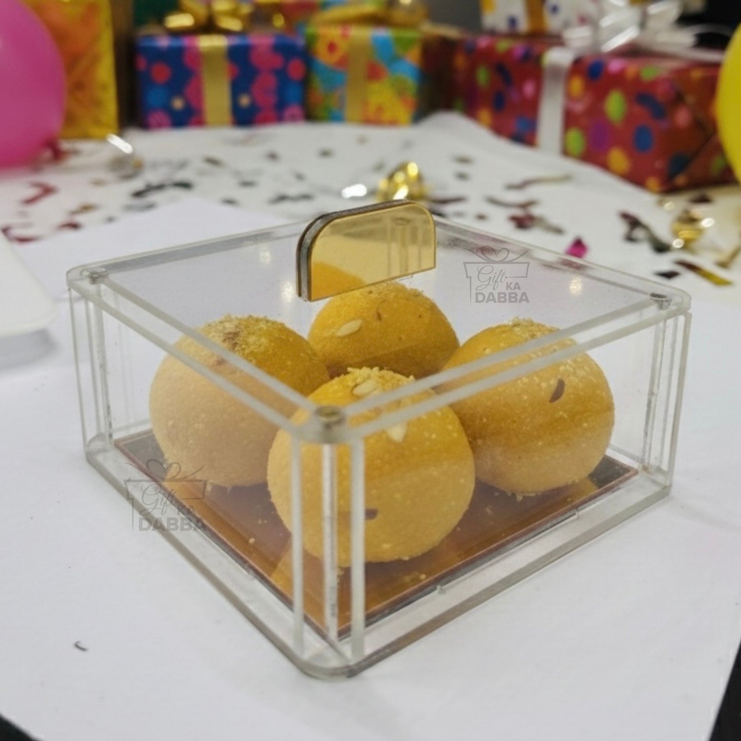 Minimalist Transparent Acrylic Ladoo & Dry Fruit Box with Magnetic Cover & Golden Base