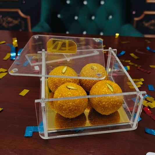 Minimalist Transparent Acrylic Ladoo & Dry Fruit Box with Magnetic Cover & Golden Base