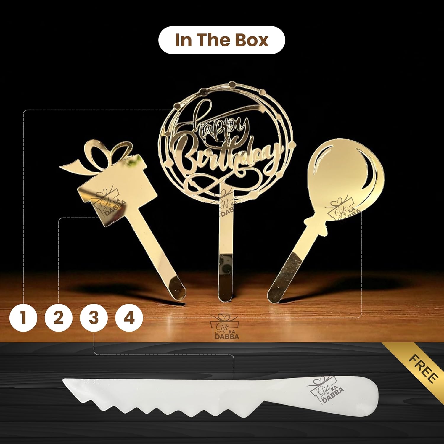 Happy Birthday Cake Topper Set of 3 with Free Knife