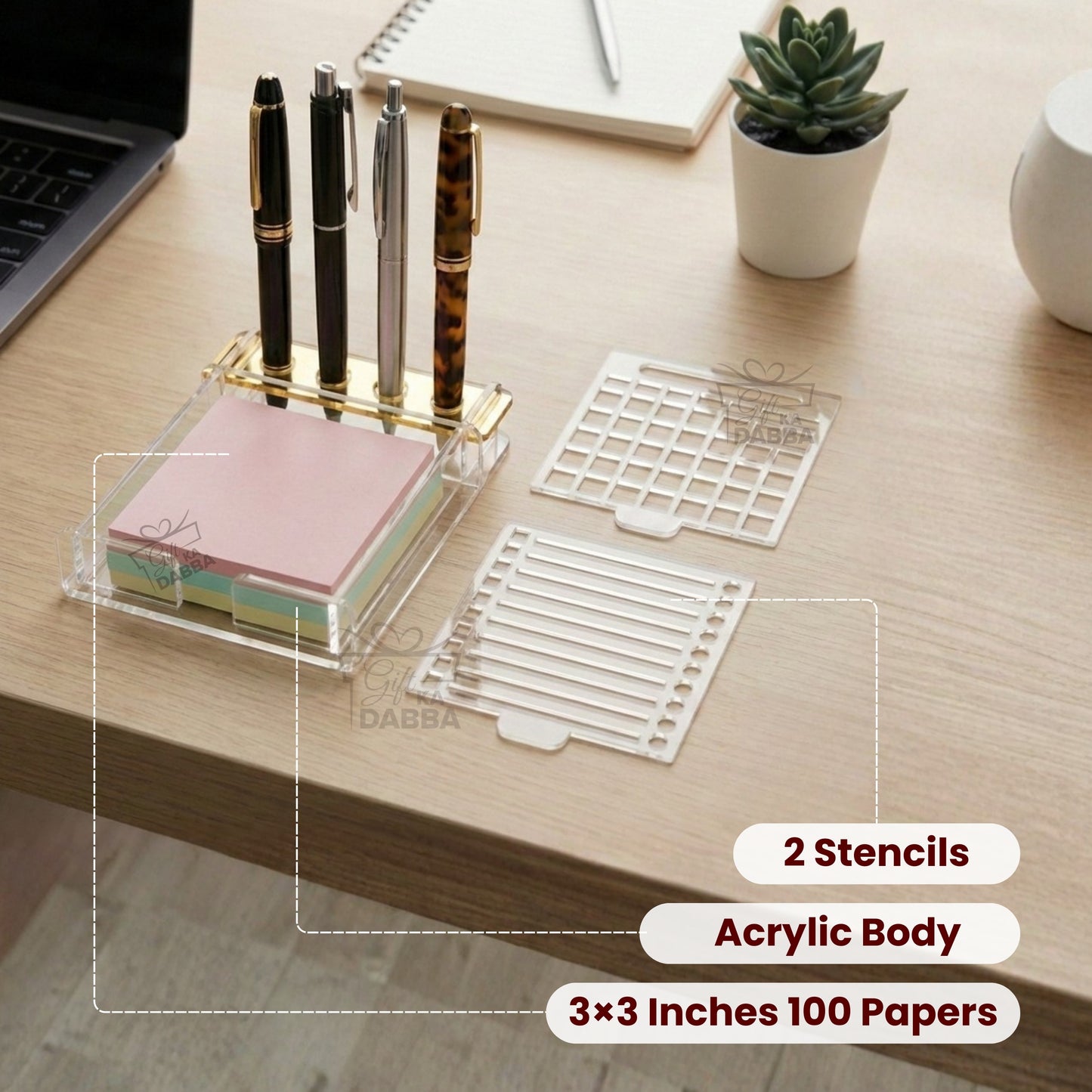 Minimalist Acrylic Sticky Notes Holder with 2 Stencils and 100 Sticky Notes